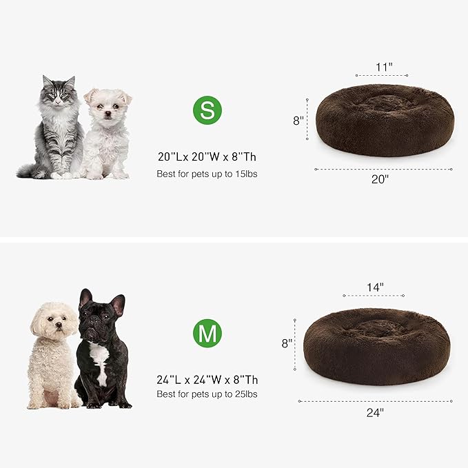 Love's cabin 24in Cat Beds for Indoor Cats - Cat Bed with Machine Washable, Waterproof Bottom - Dark Brown Fluffy Dog and Pet Calming Cushion Bed for Joint-Relief and Sleep Improvement
