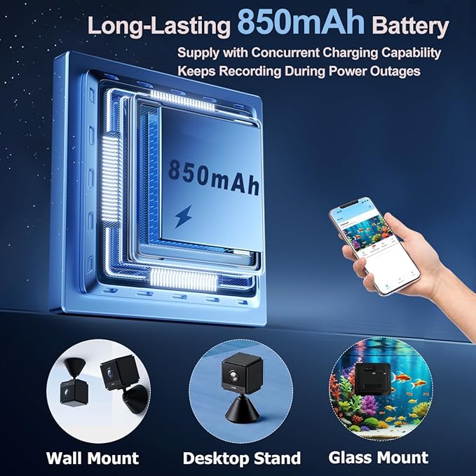 2K HD Aquarium Camera for Fish: Tanks Reptile Terrariums Camera - Anti-Glare Lens Night Vision Two-Way Audio AI Motion Detection – Aquarium Accessories with 32GB SD Card 850mAh Battery & Instructions