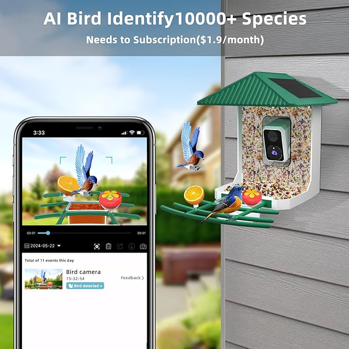 Kurain® Smart Bird Feeder with Camera, Video Birds Feeder with Solar Panel, AI Identify, Live View, Capture Bird Video, 2.5L Large-Capacity, Instant Arrival Alerts, Ideal Gift for Birdlover