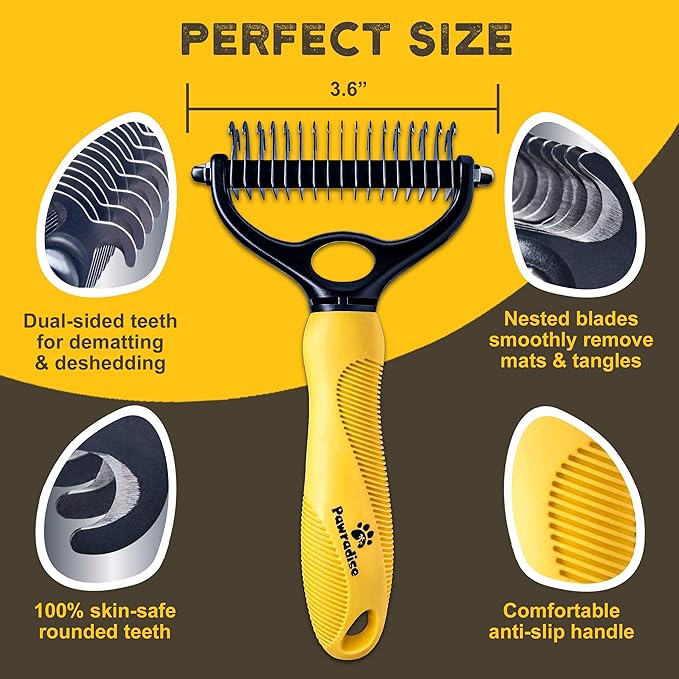 Deshedding Dog Brush - Double-Sided Pet Hair Remover for Cats & Dogs - Yellow Undercoat Grooming Rake for Shedding and Dematting