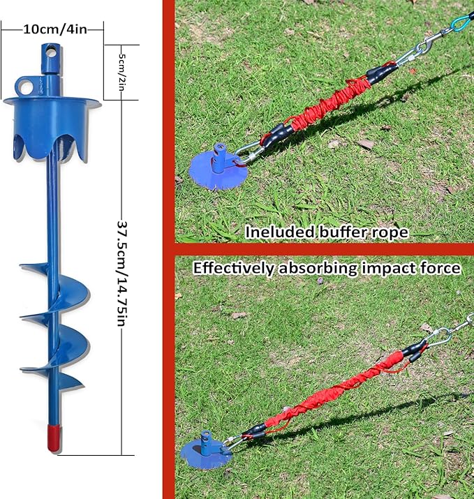 Dog Stakes for Outside Heavy Duty Hold up to 350Lbs Large Dogs Tie Out Tether Leash Chain for Yard Screw in Ground Anchors 17inch with Buffer Rope, Blue, 25 FT Steel Cable
