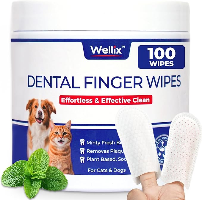 Wellix 100 Count Dog Teeth Cleaning Wipes for Dogs & Cats - Natural Formula Dental Care Finger Wipes Reduces Dog Plaque, Tartar & Bad Breath - No-Rinse Disposable Dog Dental Wipes