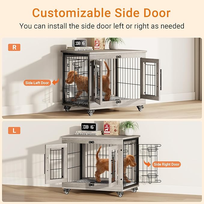 Lulive Small Dog Crate Furniture Set of 2, Dog Kennel Indoor Double Doors Wooden Dog Cage, 27'' Heavy Duty Dog Crate with Cushion & Wheels, End Table Pet House Chew-Resistant Up to 30 lb, Grey