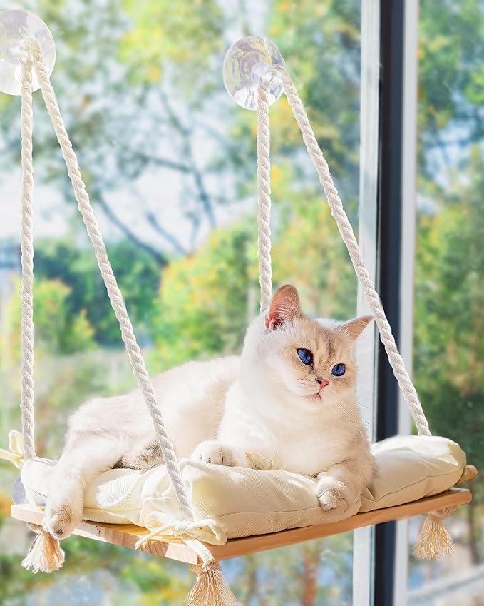 Cat Window Perch - Hammock Bed for Cats Inside - Solid Wood Seat, 4 Strong Suction Cups, Soft Cushion - Rustic Indoor Pet Shelf