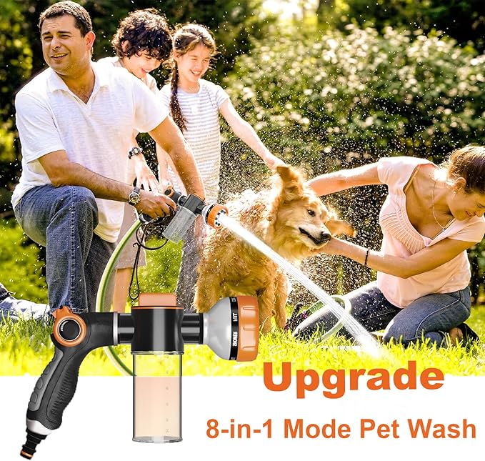 Dog Washing Hose Attachment, Pet Shower, Upgrade 8-in-1 Mode Dog Shower Attachment with 3.5oz 100cc Soap Dispenser, Replacement Hose Adapter for Pet Washing Irrigated Lawn Patio Car Cleaning