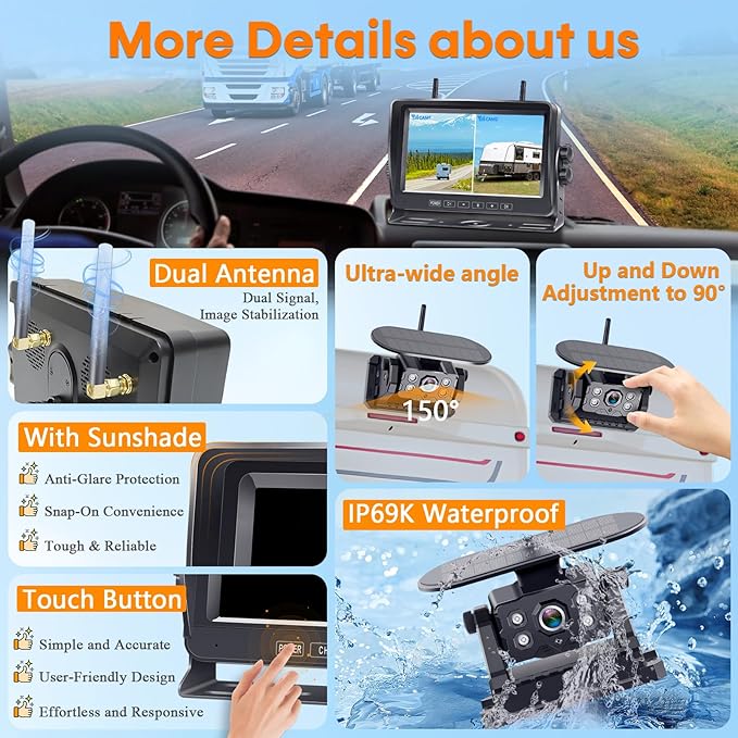 Dual RV Backup Camera Wireless with Magnetic - Recording 1080P HD Solar Rear View Camera Install-Free 7 Inch Touch Button Monitor No-Delay Signal for Truck Trailer YWD-902