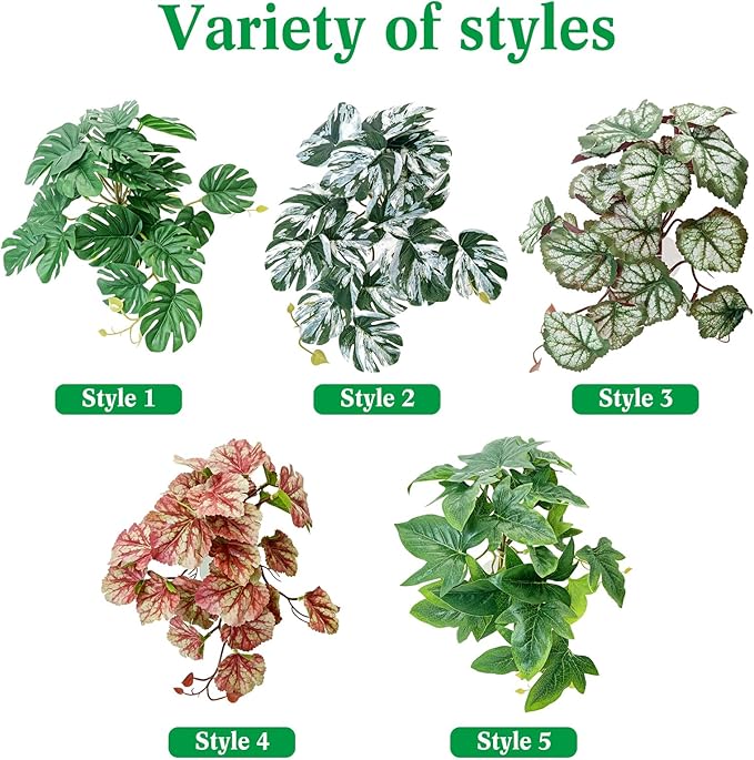VCEPJH Reptile Plants with Suction Cup Amphibian Habitat Decor 2 Pcs Artificial Leaves for Terrarium Decor Crested Gecko Tank Accessories for Bearded Dragon, Lizard, Snake (Maple Leaves)