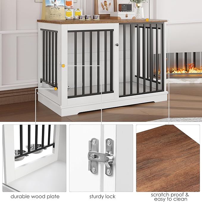 Dog Crate Furniture 47" Large Dog Kennel for Dogs Indoor, Heavy Duty Dog Cage with Sliding Door and 2 SUS Bowls Wooden End Table in Living Room for Small Medium Large Dogs, White