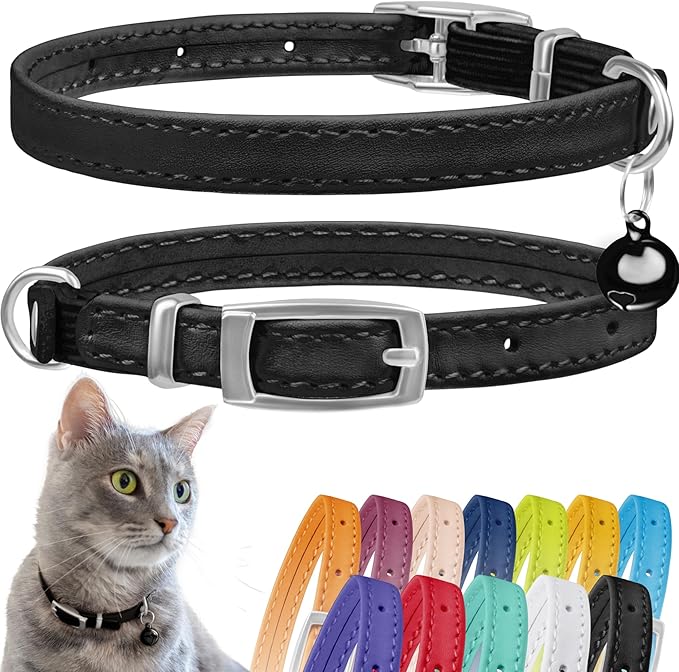 CollarDirect Leather Cat Collar, Cat Safety Collar with Elastic Strap, Kitten Strap with Bell Black Blue Red Orange Lime Green (6-7 Inch, Black)