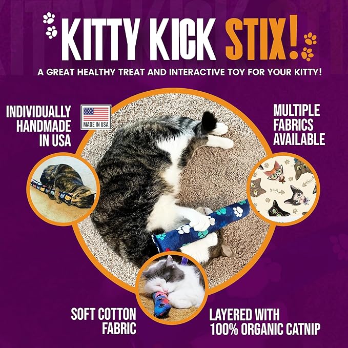 Kitty Kick Stix 15" Catnip Kicker Toy – Set of 2 | Handmade in USA | Interactive Cat & Kitten Toy | Durable Kicker Packed with 100% Potent Catnip for All Breeds (Paintery Swirls)