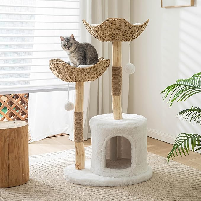 Cat Tree Tower, 46 inch Modern Cat Tree for Indoor Cats Large Adult, Luxury Cat Condo with Scratching Post, Real Solid Wood Branch Indoor Boho Furniture, Climbing Tower, White