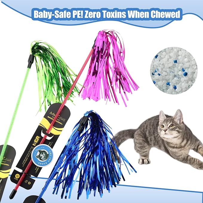 ADUCK Interactive Cat Teaser Wand Toy with Tassels - Durable Cat Chaser for Indoor Kitten Exercise, Boredom Relief & Training Play, Pack of 3 (Gold, Silver, Green)