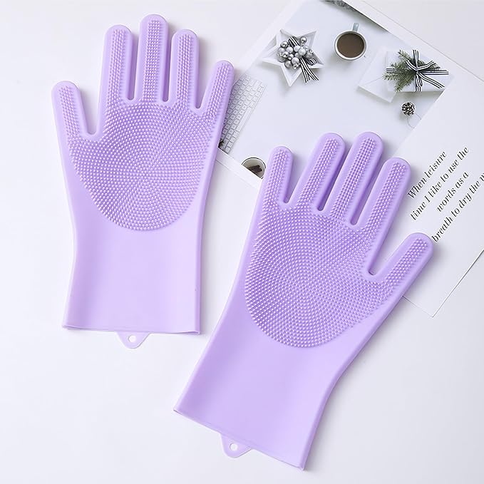 Pet Grooming Gloves，Heat-Resistant Silicone Gloves with High-Density Teeth for Enhanced Massaging and Bathing of Dogs and Cats (Purple, 2 Pair)