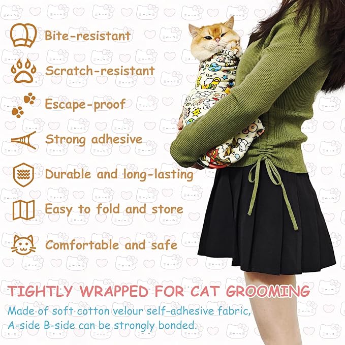 Cat Grooming Restraint Wrap – Self-Adhering Swaddle for Nail Clipping, Anti-Scratch & Escape-Proof, Calming Cat Swaddle Wrap for Grooming or Medication (Extra-Large, for Over 1 Year Old Kittens)