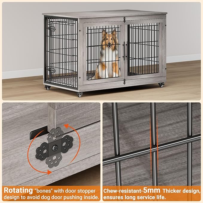Lulive Dog Crate Furniture, XL Wooden Dog Kennel Indoor Double Doors Dog Cage, 44'' Heavy Duty Dog Crate with Cushion & Wheels, Decorative End Table Chew-Resistant for Extra Large/Medium, Grey