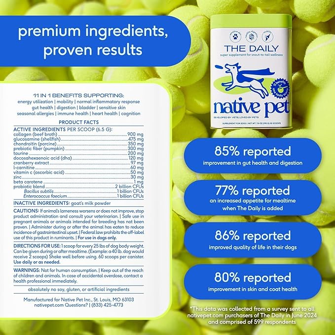Native Pet Dog Vitamins & Supplements - 11-in-1 Multivitamin Powder for Dogs Food Topper - Collagen, Glucosamine, Probiotics, Omega & More- Supports Healthy Gut, Mobility & Overall Health -120 Scoops