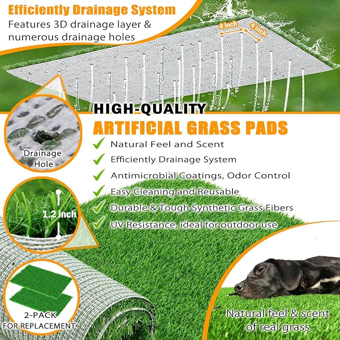 Dog Grass Pad with Tray, Stainless Steel Odor-Resistand Indoor Outdoor Potty System, Durable Alternative to Plastic with Artificial Grass for Dogs Potty Training (Potty System Size -23.6"x 15.8")