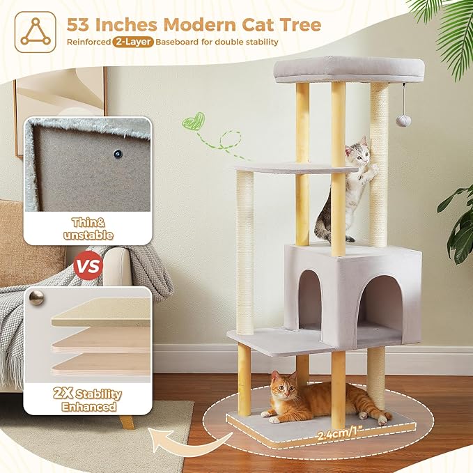 PAWZ Road Large Cat Tree, 53 Inches Modern Wooden Cat Tower for Indoor Cats, Multi-Level Cat Condos with Long Scratching Posts and Natural Wood Posts，Gray