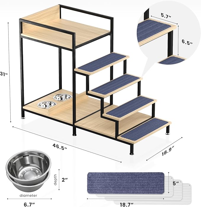 Dog Window Perch with Stairs - Multilevel Perch to Look Out Window with 130 lbs Load Capacity - Pet Bunk Bed with Feeding Station & Anti-Slip Carpet (Natural Color)