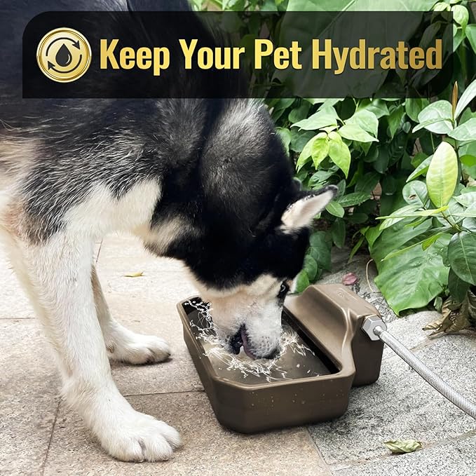 135OZ Automatic Water Dispenser for Dogs Patented Automatic Dog Water Bowl Fit 3/4'' GHT Male Faucet Outdoor Large Dog Water Bowl Include Water Hose Copper Connector Large Drinking Area Brown