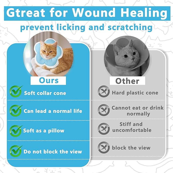 Cat Cone Collar Soft, Waterproof Cats Cones to Stop Licking After Surgery, Adjustable Soft Elizabeth Cats Collars for Wound Healing, Flower Shape Cat Recovery Collar (Blue, Large)