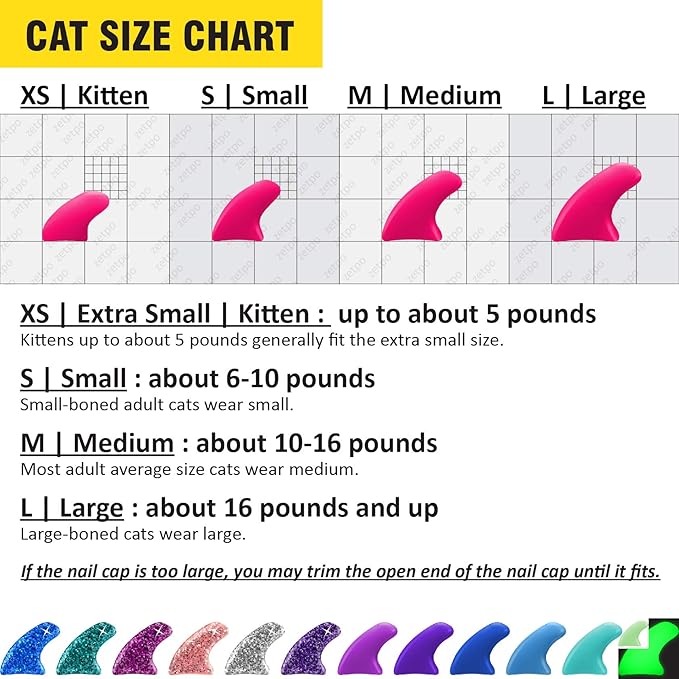 zetpo 12 Colors / 120 pcs Cat Claw Covers | Cats Nail Caps with Adhesives and Applicators (XS)
