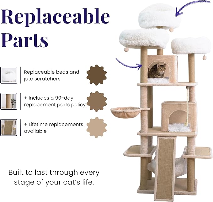 Catry 74.5" High 7-Level Extra Large Cat Tree with 2 Condos,2 Hammock,3 Washable Top Beds, Scratching Ramp Pad, Replaceable Scratching Posts, for Multi-Cat Homes (Light Brown &White)