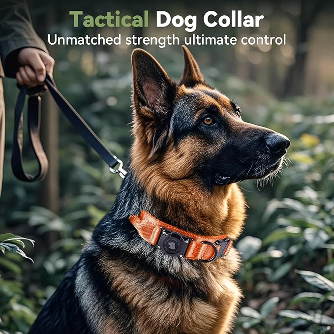 2026 Upgrade Waterproof AirTag Dog Collar, Military Tactical Dog Collar with AirTag Holder, Comfortable Control Handle and Metal Buckle, GPS Dog Collar Holder for Medium to Large Dogs (Orange, XL)