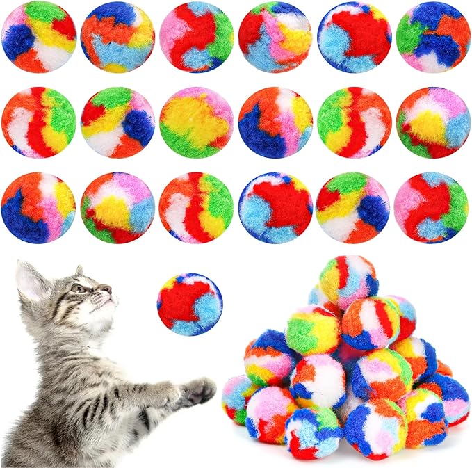 Nicunom 60 PCS Cat Pom Pom Balls, 1.7Inch Rainbow Cat Toy Balls, Soft Plush Cat Ball Fuzzy Kitty Balls Colorful Kitten Puff Balls Cat Chase Ball for Kitten Pet Interactive Playing Exercising