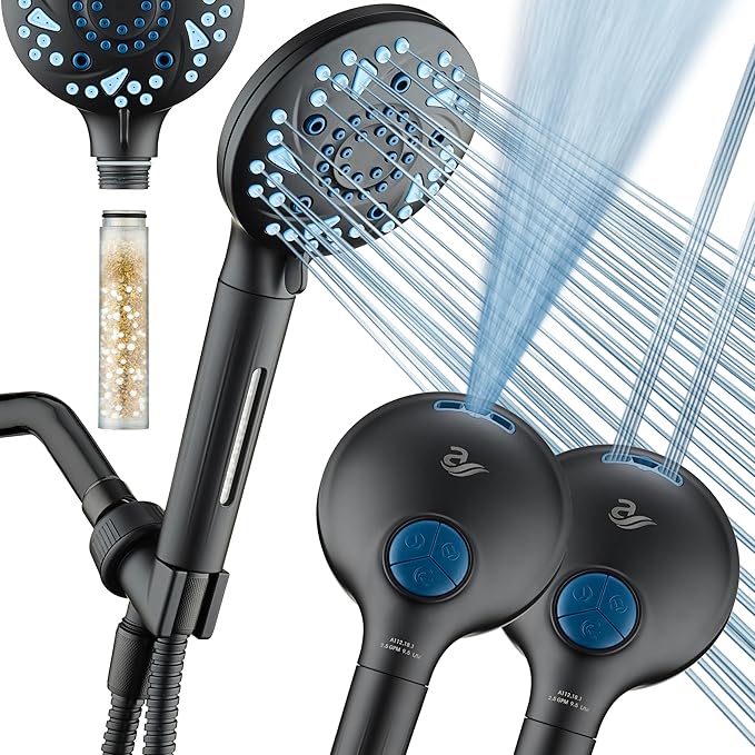 AquaCare High Pressure 10 Spray Mode Filtered Showerhead - Handheld Shower Head Filters Chlorine to Heal Dry Skin, Revive Hair - Dual Power Wash Cleans Tub, Tile, Pets - Hard Water Softener, Black