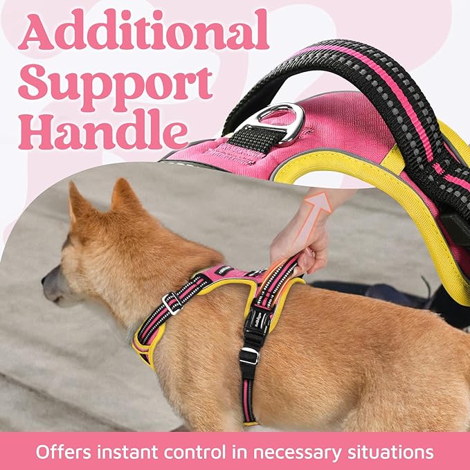 rabbitgoo Dog Harness for Large Dogs, No Pull Pet Vest with 3 Buckles, Adjustable Soft Padded Pet Harness with Easy Control Handle and Reflective Strips, Pink & Yellow, XL