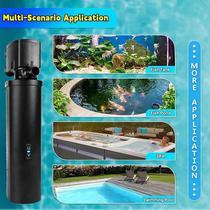 600GPH UV Aquarium Filter for 75-300 Gal Tank, Large Fish Turtle Tank Green Water Clean Machine Submersible Canister Filter Powerful Pump Pond Filter for Saltwater Freshwater Crystal Green Killing