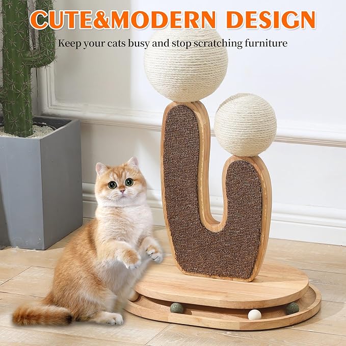 Cactus-Shaped Cat Scratching Post with Cat Scratcher, Interactive Toy Balls, Handmade with Natural Materials, Cute Cat Scratching Post, Easy-to-Clean Cat Furniture