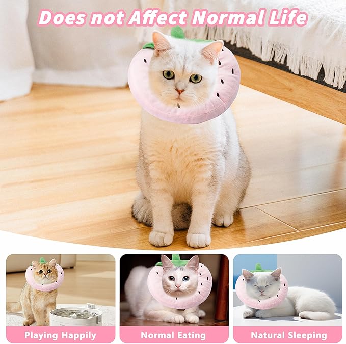 Soft Cat Cone Collar, Cute Cat Recovery Collar Suitable for Small, Medium, Large Cats,Elizabethan Neck Collar for Cats After Surgery (Strawberry, Small)