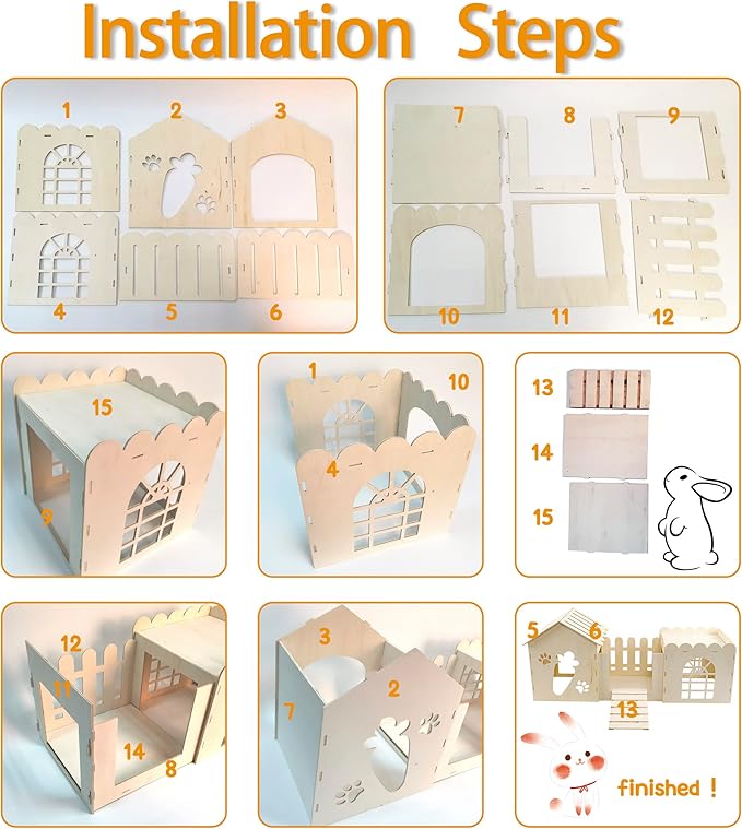 Large Rabbit Wooden Hideout House, Multi-Chamber Small Animal Wooden Castle Cage, Bunny Playhouse Habitat Decor Tunnel for Dwarf Rabbit Guinea Pig Chinchilla Hedgehog Squirrel