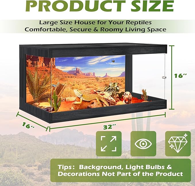 Royxen Bearded Dragon Tank, Tempered Glass Reptile Terrarium with Metal Mesh Top, 3-Side Clear Anti-Scratch Glass Lizard Tank for Reptile Habitat (Black, 34 Gallons,32" Length)