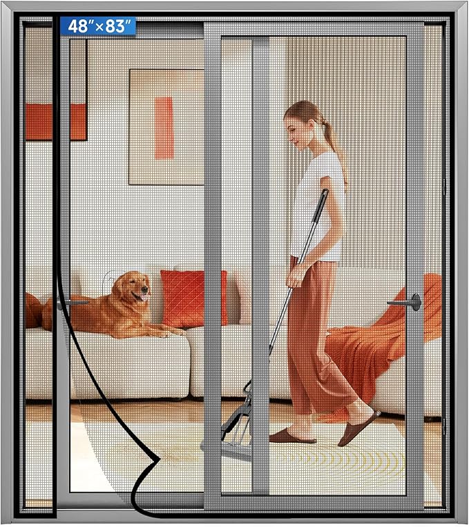 Magnetic Screen Door Left Right Side Opening Upgraded PET Mesh Greater Than Fiberglass and Polyester,Keep Bugs Out,Pet & Kid Friendly,Suitable for Sliding Doors,Patio French Doors-48" X 83"