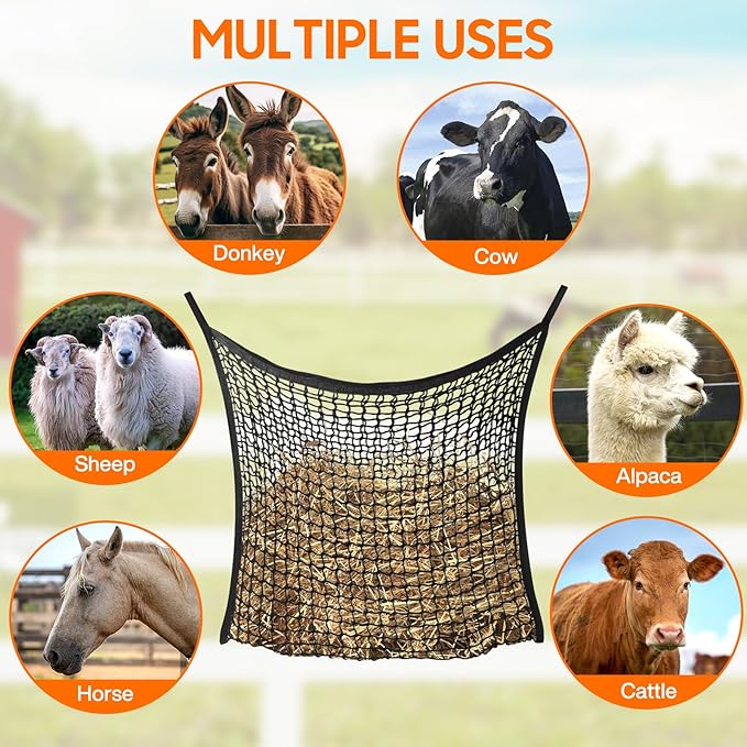 4 PCS Slow Feed Hay Net, Hay Bags for Horses with Large Capacity, Horse Feed Bag Easy to Hang, Hay Nets for Horses for Horse Feeder Full Day Feeding Horses Goat Stall Trailer (31.5" x 35.1")