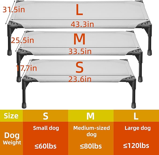 Soft Mesh Elevated Pet Bed for Large Medium Dogs Outdoor Resting Cot with Water-Resistant, Air-Permeable, Cooling and Anti-Skid Portable Dog Bed, Up to 120 lbs, 43.2" L x 31" W x 7.5" H, Gray