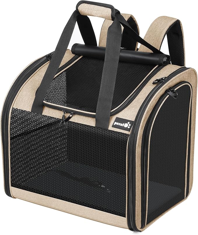 Pecute Cat Backpack with Widened Interior Space, Upgraded Dog Backpack Carrier with Various Ways to Carry, Pet Backpack with Breathable Mesh, Pet Travel Carrier with Soft Padded,Khaki