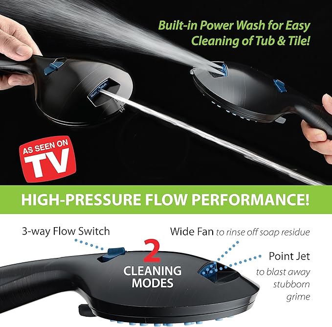 Hotel Spa AquaCare As-Seen-On-TV High Pressure 48-setting Rain & Handheld 3-way Shower Head Combo - Anti-clog Nozzles/Tub, Tile & Pet Power Wash/Extra Long 6 ft. Hose/Matte Black Finish