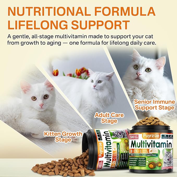 Cat Multivitamin - 500 Chews Crunchy & Creamy Cheese Core, Cat Vitamins + Taurine for 8-in-1 Support - Immune, Urinary, Heart, Skin & Coat, Eyes, Brain, Bone for Cats Kittens - Egg Yolk Flavor