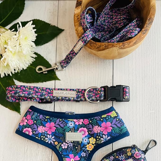 Lucky Love Dog, Matching Dog Collar & Leash Set for Female Dogs, Soft, Adjustable, Safe for Training and Walking, Black & Purple Floral Print, Primrose Combo, Large