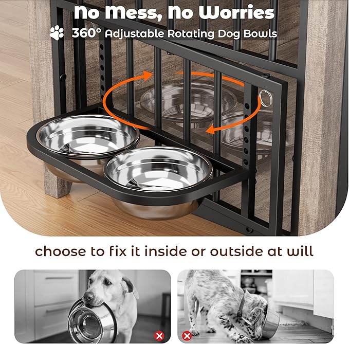 Lulive Large Dog Kennel Indoor with 360°& Adjustable Raised Dog Bowls, Wooden Dog Crate Furniture Double Doors Furniture Dog Crates End Table for Large/Medium Dogs 37.8" L*23.6" W*27" H, Grey