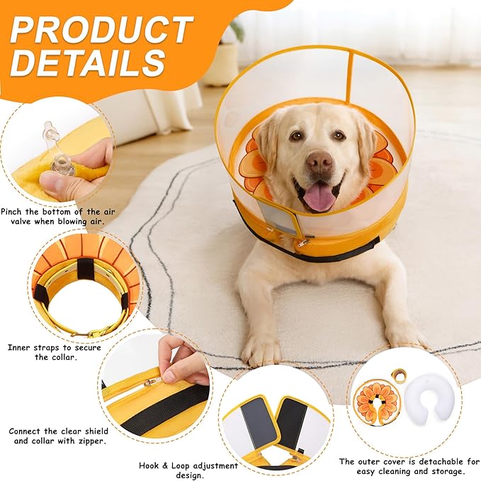 Inflatable Dog Cone Collar with Enhanced Anti-Licking, Soft Neck Donut for Dogs Cats, Recovery Pet Cone Collar After Surgery for Large Medium Small Dogs (Yellow Flower, Large)