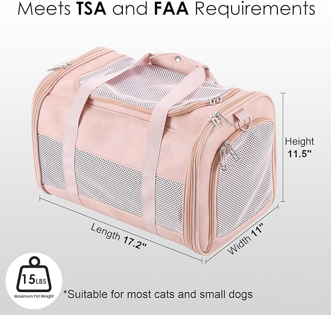 Fashion Leather Dog Carrier, Airline Approved Cat Carrier Soft Sided Pet Bag Carrier Purse for Puppy Kitten Small Animals Pink