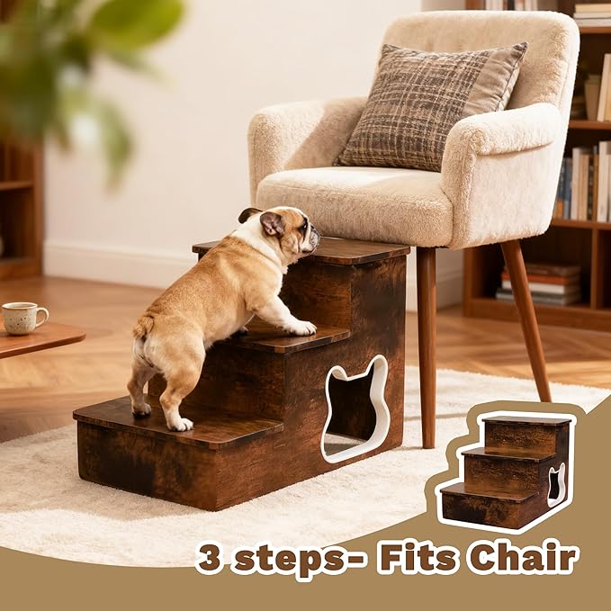 Dog Stairs for Large Dogs,Wooden Dog Steps for High Bed,24.4" Non-Slip Pet Stairs Up to 180LB,Pet Ramps for Small Medium Large Pet (Tiger, Small, 3)