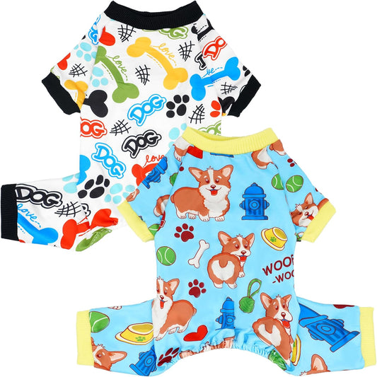 2PCS Dog Pajamas for Large Sized Dog Pjs Clothes Puppy Onesies Outfits Pet Jammies Boy Girl Male Female Apparel Soft Strechy Paw Bone Print L