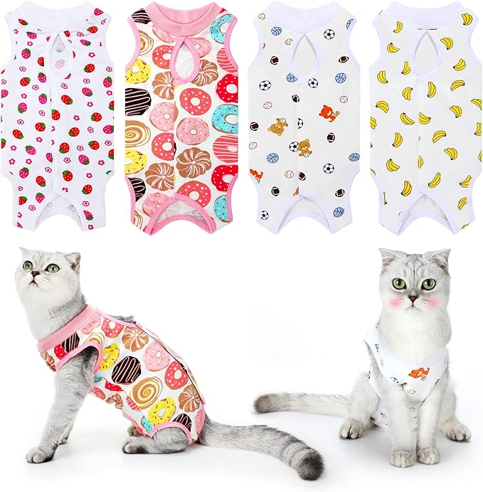 4 Pieces Cat Recovery Suits Body Wraps Breathable Kittens Recovery Clothes for Cats Small Dogs Abdominal Weaning(Banana, Football, Strawberry, Donut,M)