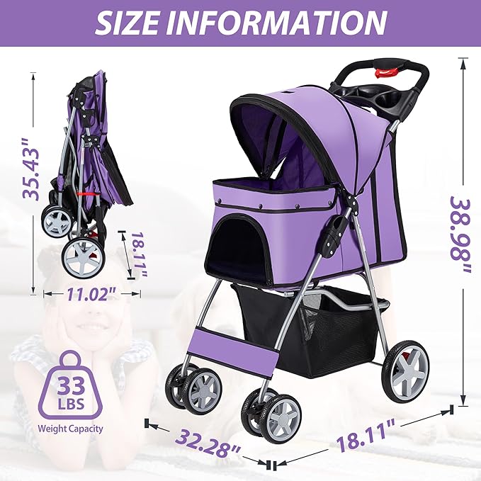 4 Wheels Pet Stroller for Small Medium Dogs Cats 10-33 lbs, Foldable Dog and Cat Stroller with Cup Holder & Storage Basket & Breathable Mesh, Pet Strolling Cart for All-Season, Purple